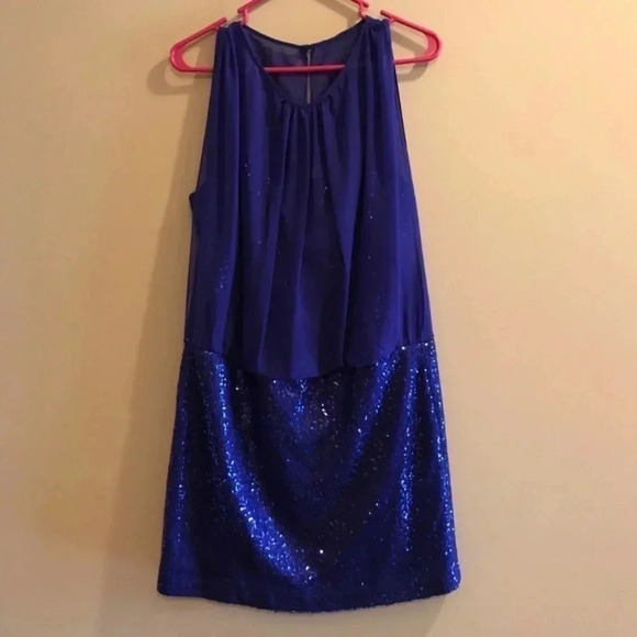 Adrianna Papell Blue Chiffon Sequin Mini Dress 10 - Picture 1 of 8